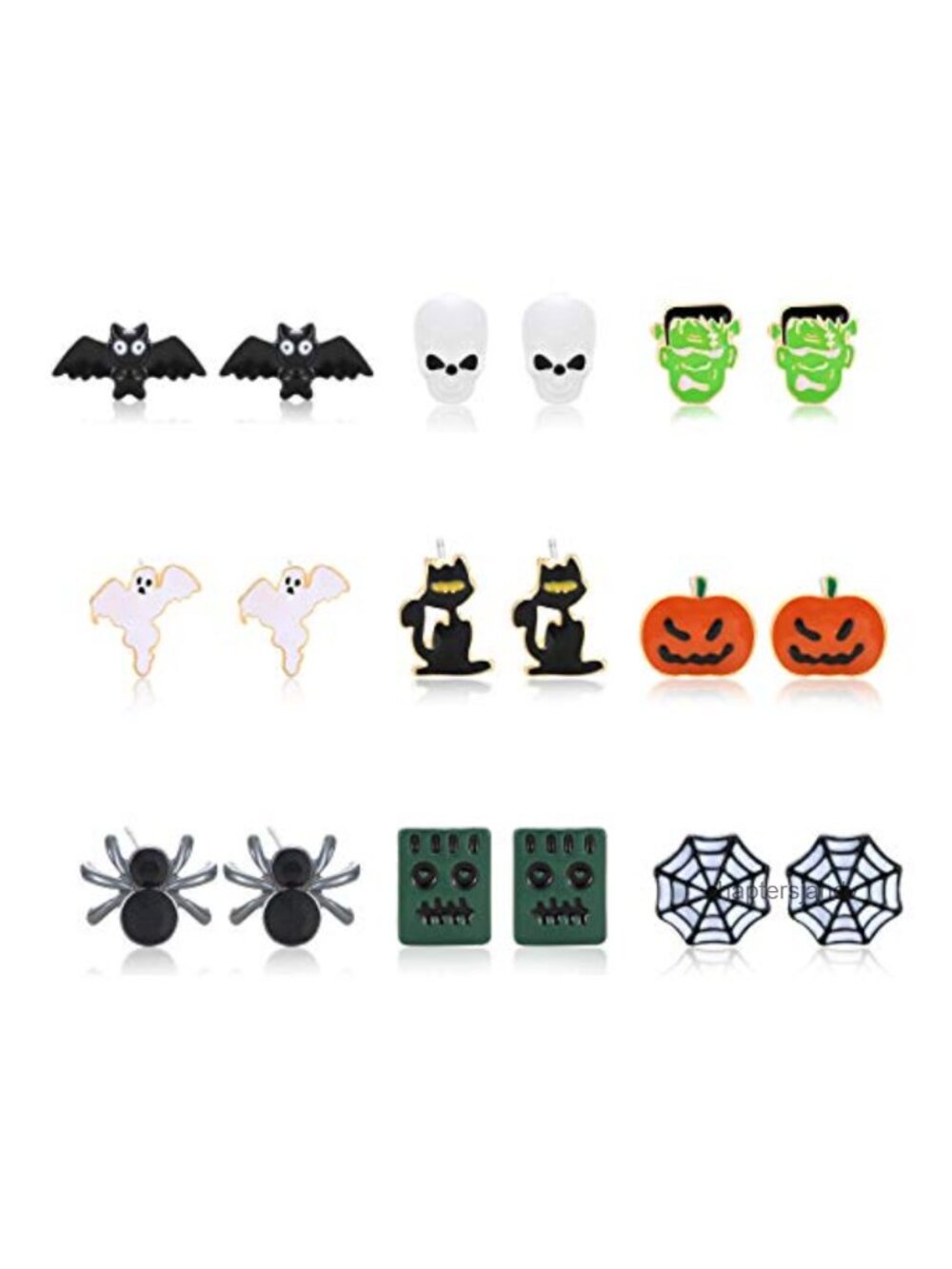 Halloween Stud Earrings Set 9 Pairs Ghost Bat Cat Spider Metal